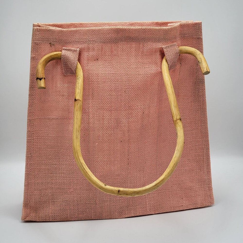 Vtg Pink Jute Tote Bag With Wooden Bamboo Handles - Stylish Eco-Friendly Handbag